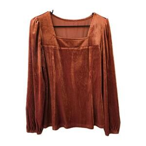 Burnt Orange Velvet Long Sleeve Peasant Tunic Style Top Sz M Cottage Core